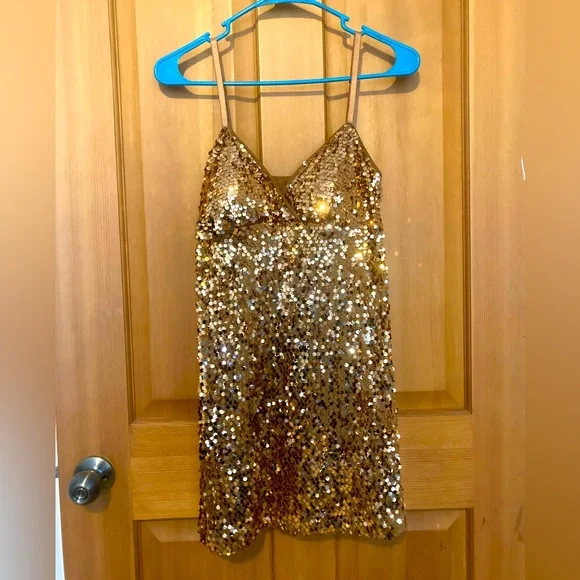 slim fit dress slacks Double Straps Golden Sequin Tight Short Dress – PollyBoutique main image 0